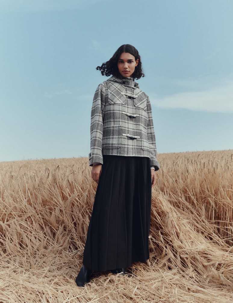 Checked Hooded Duffle Coat With Wool