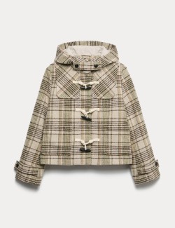 Checked Hooded Duffle Coat With Wool