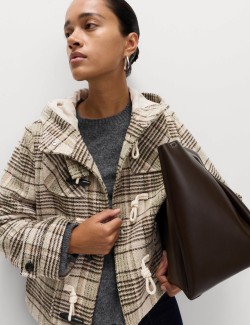 Checked Hooded Duffle Coat With Wool