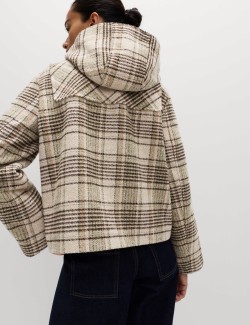 Checked Hooded Duffle Coat With Wool