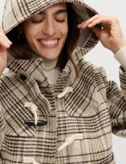 Checked Hooded Duffle Coat With Wool