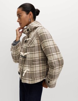 Checked Hooded Duffle Coat With Wool