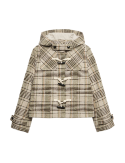 Checked Hooded Duffle Coat With Wool