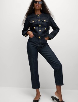 Propínací džínová bunda bez límce