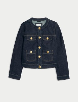 Denim Collarless Button Through Jacket