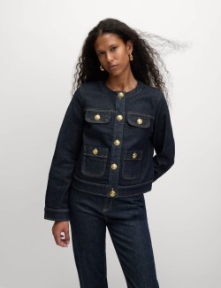 Denim Collarless Button Through Jacket