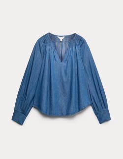 Pure Cotton Denim V-Neck Pintuck Blouse