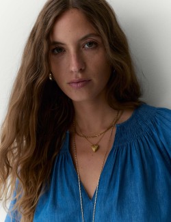 Pure Cotton Denim V-Neck Pintuck Blouse