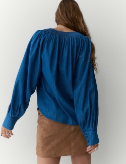 Pure Cotton Denim V-Neck Pintuck Blouse