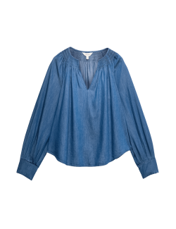Pure Cotton Denim V-Neck Pintuck Blouse
