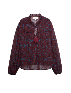 Čistý metalický top z šifonu s potiskem a vázáním u krku