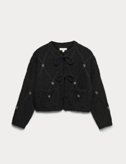 Zdobený diamantový zkrácený kardigan se zavazováním vpředu a obsahem alpaky