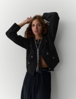 Zdobený diamantový zkrácený kardigan se zavazováním vpředu a obsahem alpaky