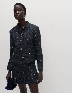 Tweed Sparkly Collarless Blazer with Wool