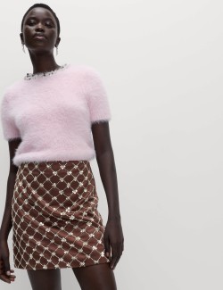 Satin Embellished Mini A-Line Skirt