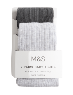 2pk Cotton Rich Ribbed Tights (0-3 Yrs)