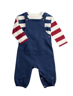 Žerzejové kalhoty s laclem a pruhované tričko, 2 ks (0–3 roky)