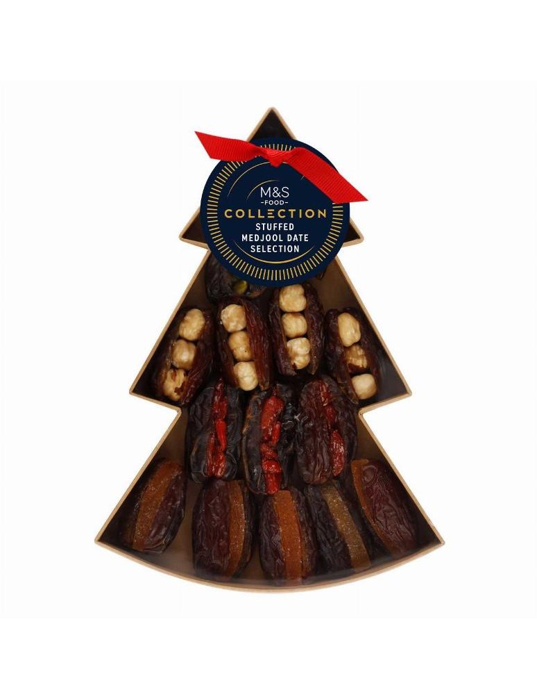 Vypeckované datle Medjool plněné ořechy a ovocem: kandovanou pomerančovou kůrou, praženými lískovými ořechy, sušenými plody goji