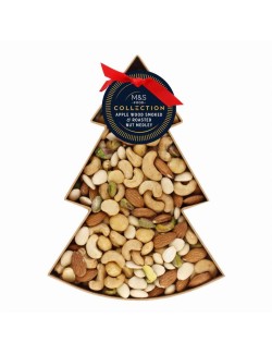 Směs pražených mandlí, uzených kešu ořechů, loupaných mandlí Marcona, pistáciových ořechů a uzených makadamových ořechů