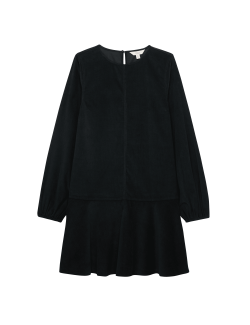 Manšestrové mini šaty s kulatým výstřihem a sníženým pasem