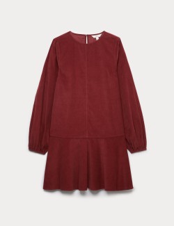 Manšestrové mini šaty s kulatým výstřihem a sníženým pasem