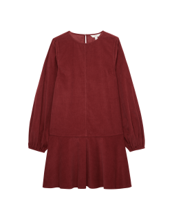 Manšestrové mini šaty s kulatým výstřihem a sníženým pasem