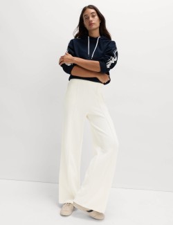 Cotton Blend Cosy Rib Pintuck Wide Leg Trousers