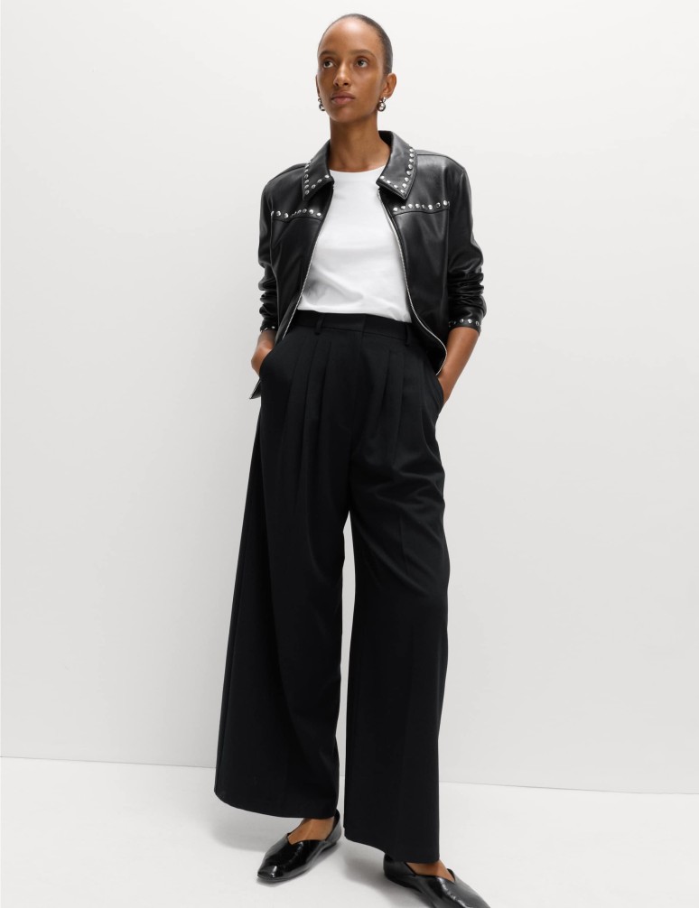 Triple Pleat Wide Leg Trousers