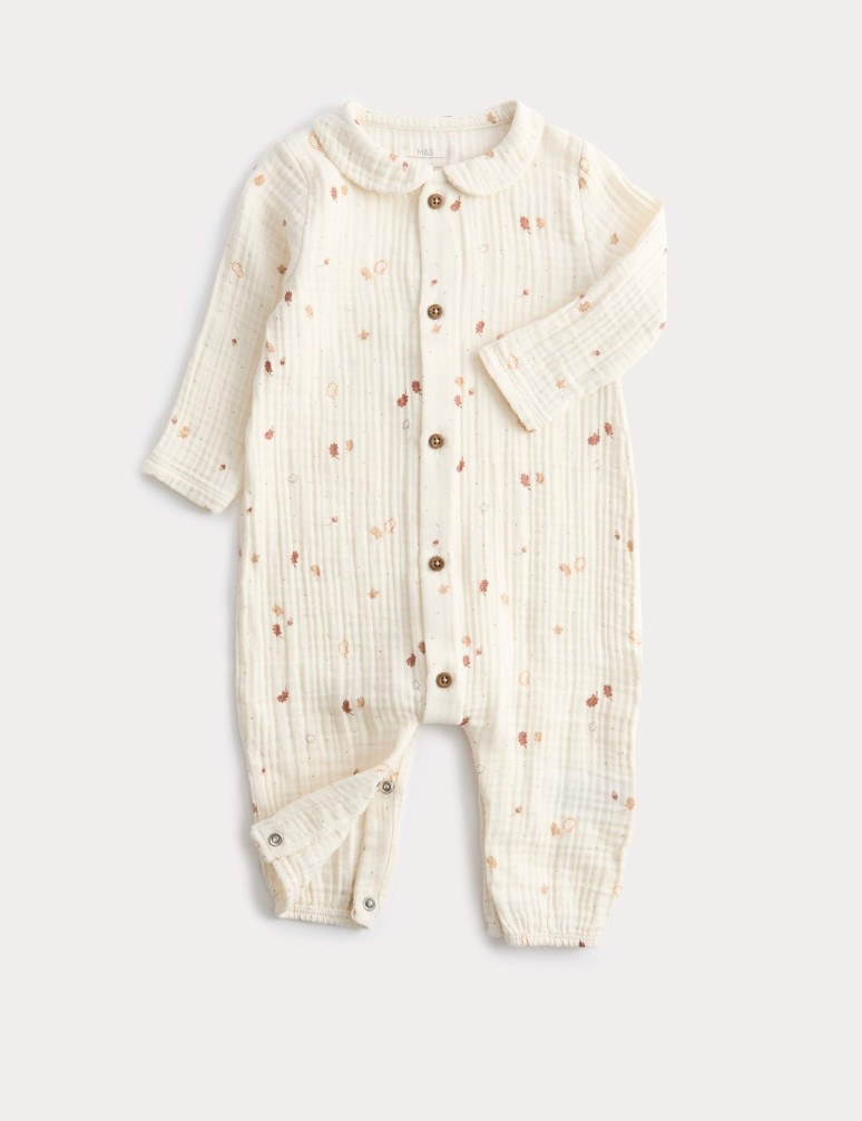 Kombinéza z čisté bavlny s límečkem a motivem listů (0-12 měsíců)