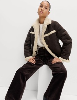 Semišová letecká bunda s límečkem a knoflíky, z umělé ovčí vlny