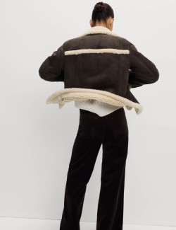 Semišová letecká bunda s límečkem a knoflíky, z umělé ovčí vlny