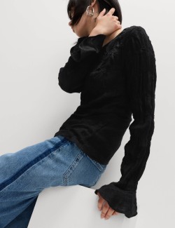 Lace Textured Crew Neck Blouse