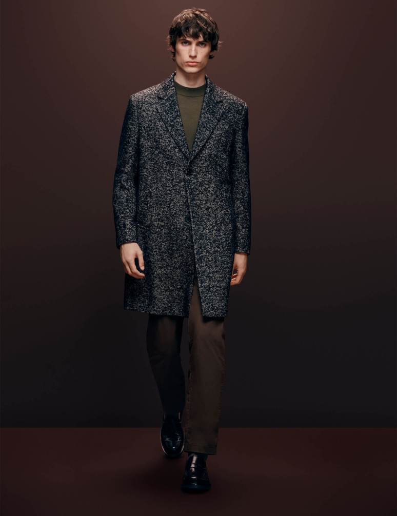 Wool Blend Herringbone Boucle Revere Overcoat