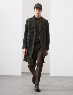Wool Blend Herringbone Boucle Revere Overcoat