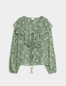 Řasená halenka s potiskem a vázankou u krku