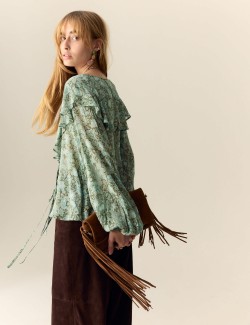 Řasená halenka s potiskem a vázankou u krku