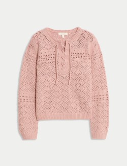 Svetr se vzorem pointelle ze směsi bavlny, s vázáním u krku