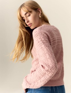 Svetr se vzorem pointelle ze směsi bavlny, s vázáním u krku