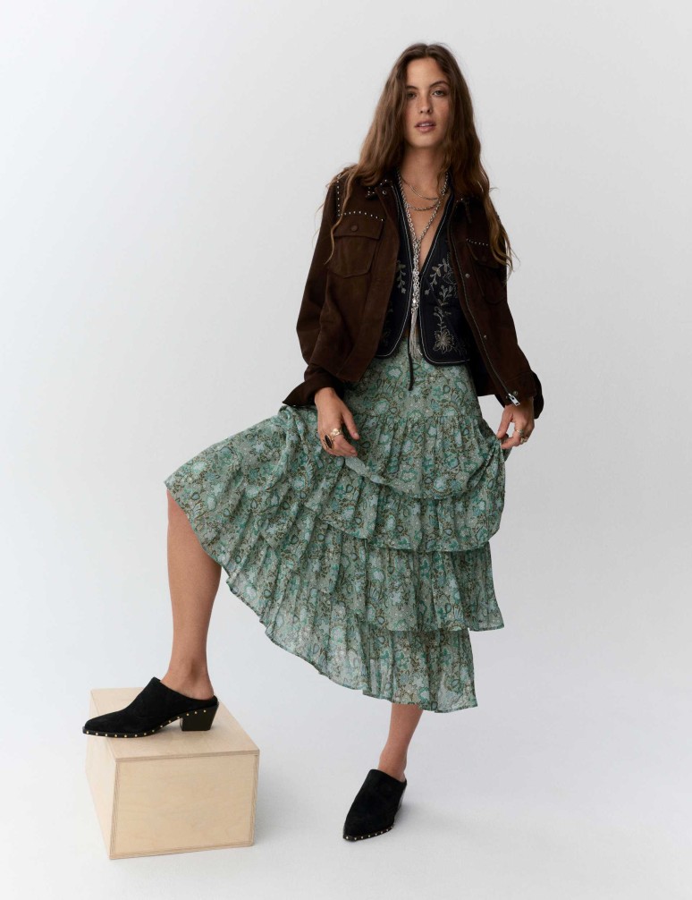 Maxi sukně s potiskem a vrstvami a volánky