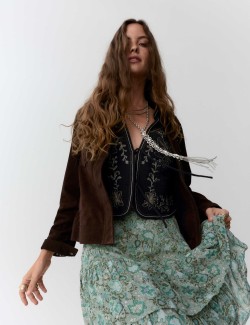 Maxi sukně s potiskem a vrstvami a volánky