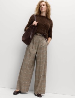 Checked Side Tab Back Pleated Trousers