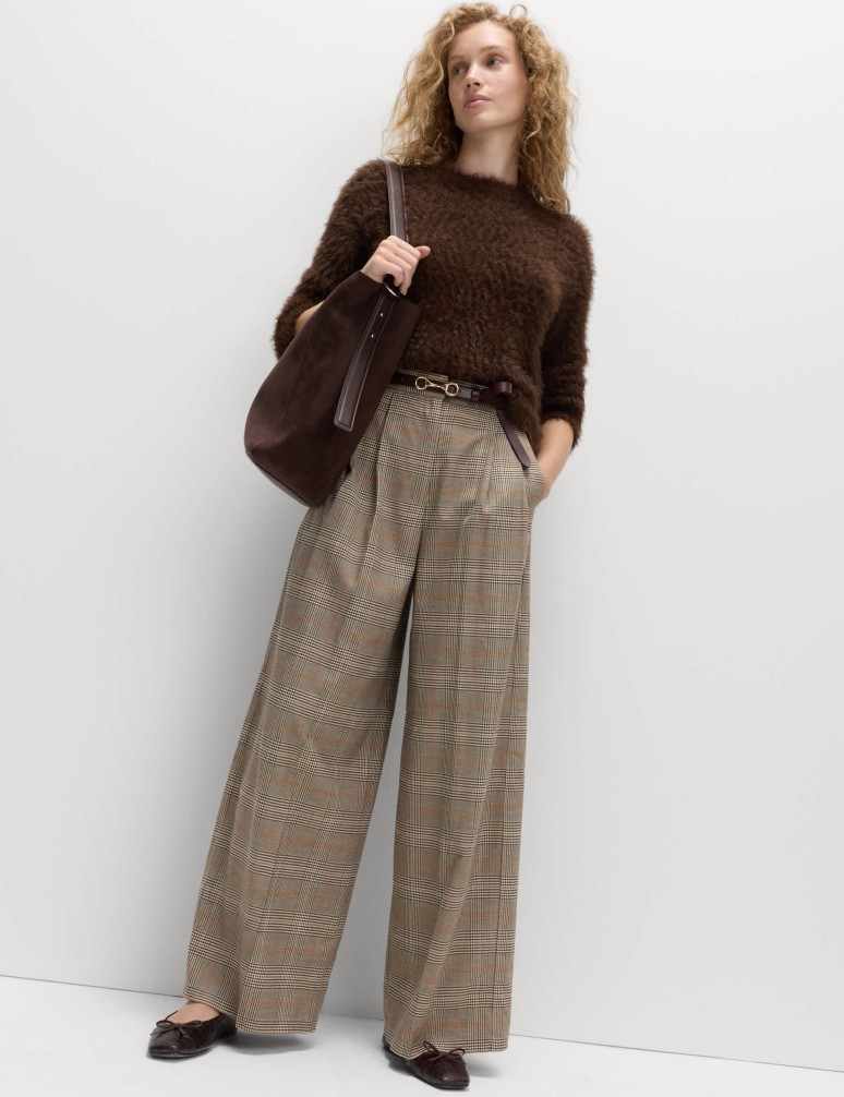 Checked Side Tab Back Pleated Trousers