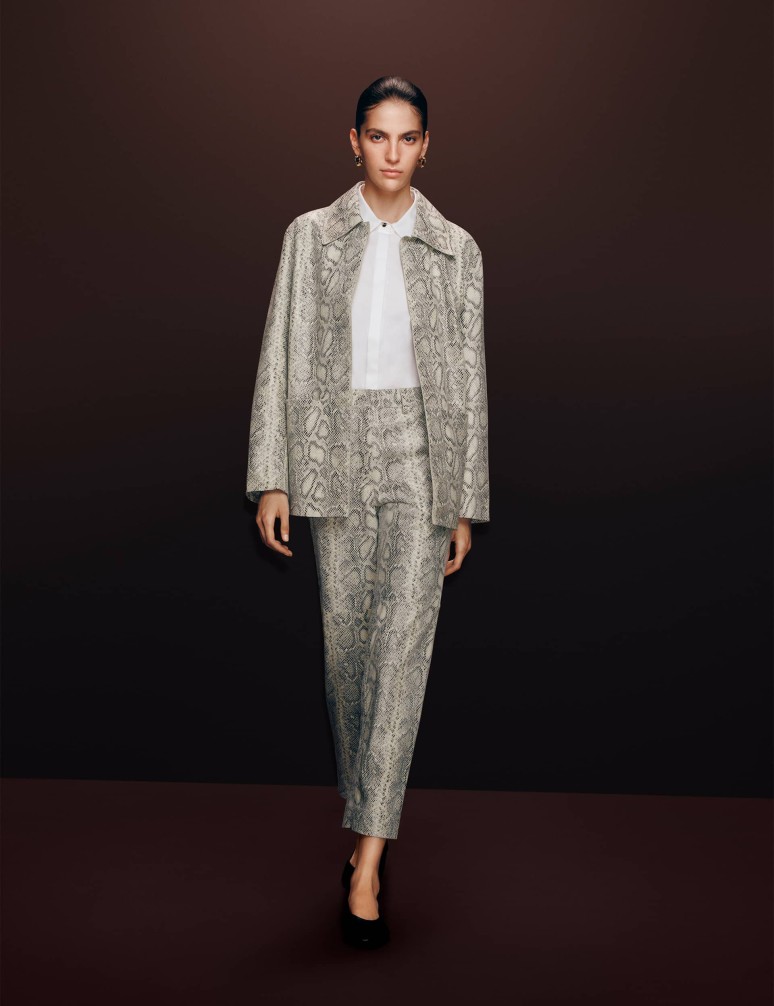 Leather Snakeskin Print Straight Leg Trousers