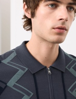 Mercerised Cotton Geometric Knitted Polo Shirt