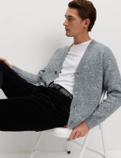 Relaxed Textured V-Neck Cardigan with Wool