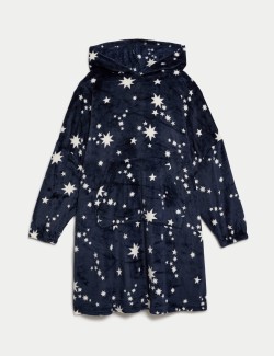 Flísová mikina volného střihu s kapucí a hvězdičkovým potiskem