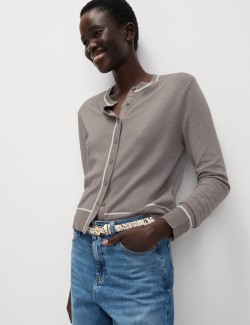 Crew Neck Tipped Detail Button Front Cardigan