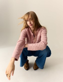 Cotton Blend Pointelle Tie Neck Jumper