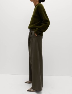 Pleat Front Wide Leg Trousers with Wool
