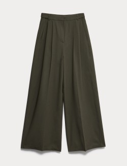 Pleat Front Wide Leg Trousers with Wool